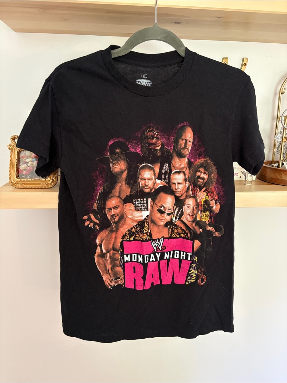 WWE Black Short Sleeve Tee with Pink RAW Graphic and Multicolor Wrestler Art